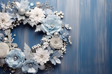 A blue and silver Christmas wreath