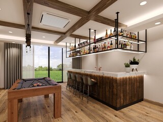  pool table with counter bar in relax room, 3d rendering