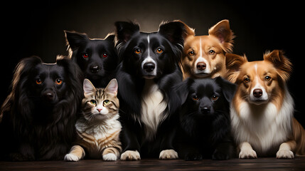 Harmony of Fur and Paws: Adorable Group of Cats and Dogs Posed in Front of White Background. Generative AI