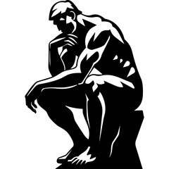 Statue in thinking pose black silhouette logo vector