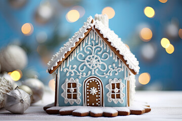 A blue gingerbread house decorated with white icing