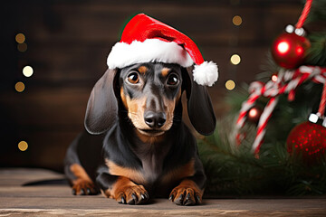 Dachshund dog wearing red Santa hat, Christmas setting 