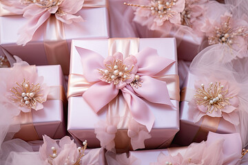 Pink  gift boxes with gold bow, festive background