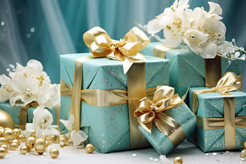 Turquoise  gift boxes with gold bow, festive background