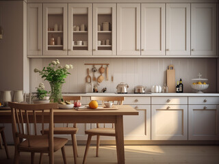 Beige kitchen interior with a sunny ambiance. AI Generated.