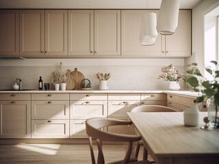 Fototapeta na wymiar Stylish beige kitchen in a minimalist design. AI Generated.