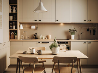 Fototapeta na wymiar Cozy beige kitchen with modern furniture. AI Generated.