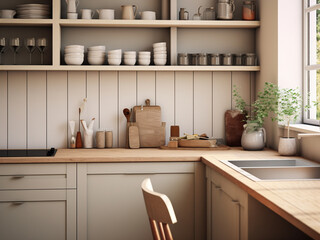 Fototapeta na wymiar Inviting beige kitchen with a welcoming ambiance. AI Generated.