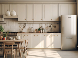 Beige kitchen designed for practicality and style. AI Generated.