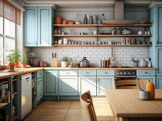 Bright blue kitchen with contrasting accents. AI Generated.