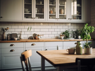 Bright classic kitchen highlighting craftsmanship. AI Generated.