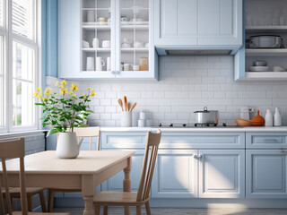 Fototapeta na wymiar Chic blue kitchen featuring glossy surfaces. AI Generated.