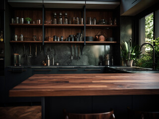 Dark wood kitchen interior with a rustic touch. AI Generated.