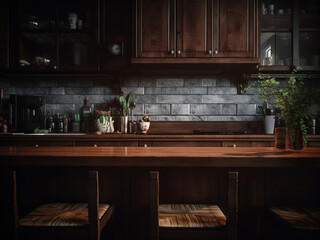 Dark wood kitchen featuring sleek appliances. AI Generated.