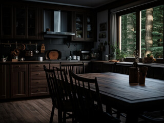 Traditional dark wood kitchen room. AI Generated.