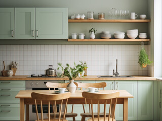 Green kitchen featuring stylish decor. AI Generated.