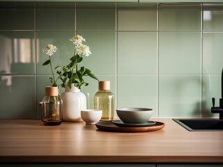 Fototapeta na wymiar Green kitchen designed for functionality. AI Generated.