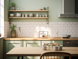 Green kitchen interior exuding serenity. AI Generated.