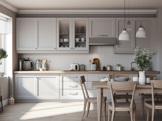 Grey kitchen with a hint of coastal charm. AI Generated.