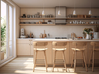 Light wood kitchen designed for functionality. AI Generated.