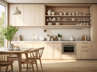 Bright light wood kitchen with modern furniture. AI Generated.