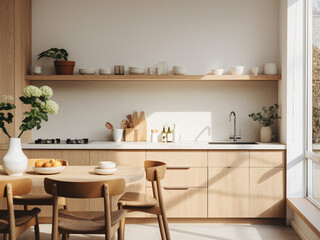 Fototapeta na wymiar Inviting light wood kitchen with a welcoming vibe. AI Generated.