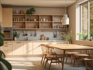 Inviting light wood kitchen with a cozy feel. AI Generated.