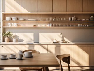 Light wood kitchen room blending natural textures. AI Generated.