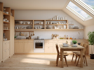 Light wood kitchen interior embracing organic elements. AI Generated.