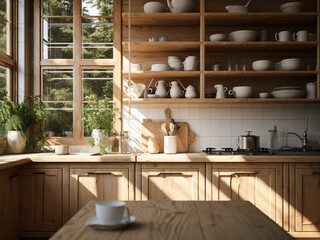 Contemporary wood kitchen with clean lines. AI Generated.