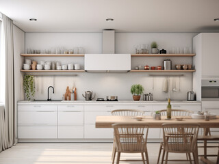 Bright white kitchen with a fresh feel. AI Generated.