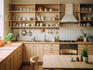 Modern wood kitchen room with open layout. AI Generated.