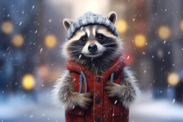Fototapeta na wymiar Adorable Raccoon with Cap Surrounded by Snowflakes in Winter Wonderland AI generated