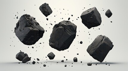 Fototapeta Falling rocks on white background. Black charcoal or coal on white background. Illustration for cover, card, postcard, interior design, decor or print. obraz