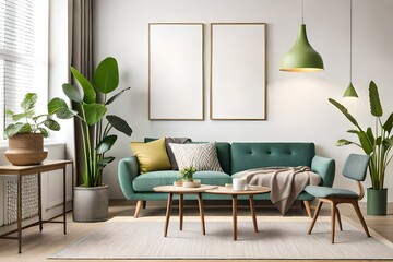 Spring composition of cozy living room interior with two mock up poster frame, wooden bench, green stands, stylish lamp, beige bowl, plant and personal accessories. Home decor