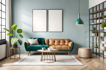 Spring composition of cozy living room interior with mock up poster frame, wooden bench, green stands, stylish lamp, beige bowl, plant and personal accessories. Home decor. Template.