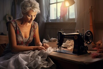 Woman designer creates a collection of clothes. Sitting at the sewing machine. Exclusive items. Textile and manufactory business