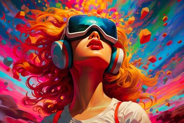 young female in vr virtual reality headset, colourful concept, coloured background, generative AI