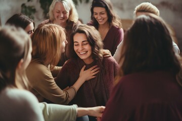 Women hugging in group therapy sessions. Women supporting each other. 
