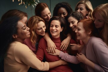 Fototapeta premium Women hugging in group therapy sessions. Women supporting each other. 