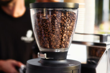 A lot of real, whole coffee beans in a professional brewing machine with automatic grinder on top