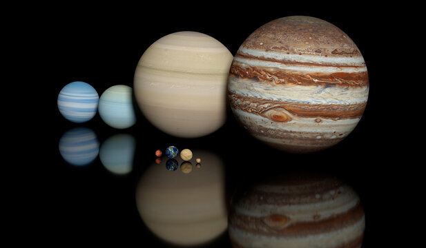 les huit planètes du système solaire à l'échelle sur un fond bleu noir