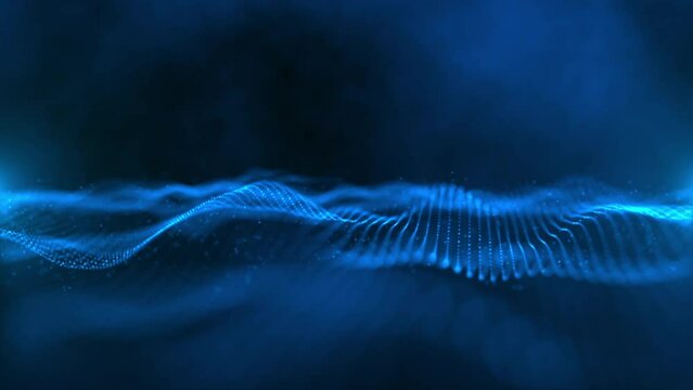 Background with an elegant flowing blue digital fractal light wave and data particles rippling towards the camera. This abstract technology background animation is full HD and a seamless loop.