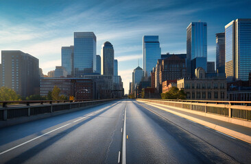 boston skyline with empty road in city - obrazy, fototapety, plakaty