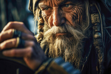 An aged pirate captain, with a long white beard and a lifetime of adventures etched on his face,...