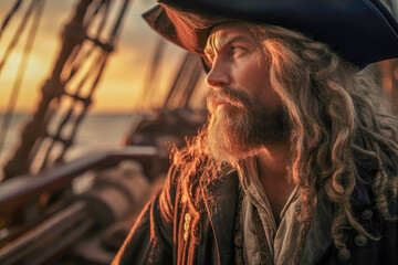 Fototapeta na wymiar Commanding pirate captain gazing over vast ocean on high seas adventure