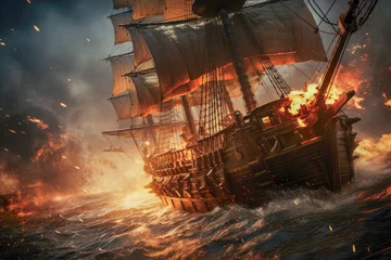 Fotobehang Pirate ship in a ferocious sea battle © Microgen