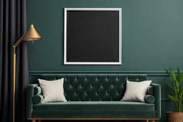 Poster frame mockup in dark green living room interior.