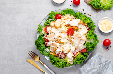Caesar Salad, Fresh Salad with Grilled Chicken Breast, Croutons, Parmesan Cheese, Cherry Tomatoes, Lettuce and Dressing