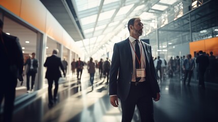 A Businessman walking in a trade fair, blurred people Abstract in business exhibition background in modern large exhibition hall. Generated with AI.